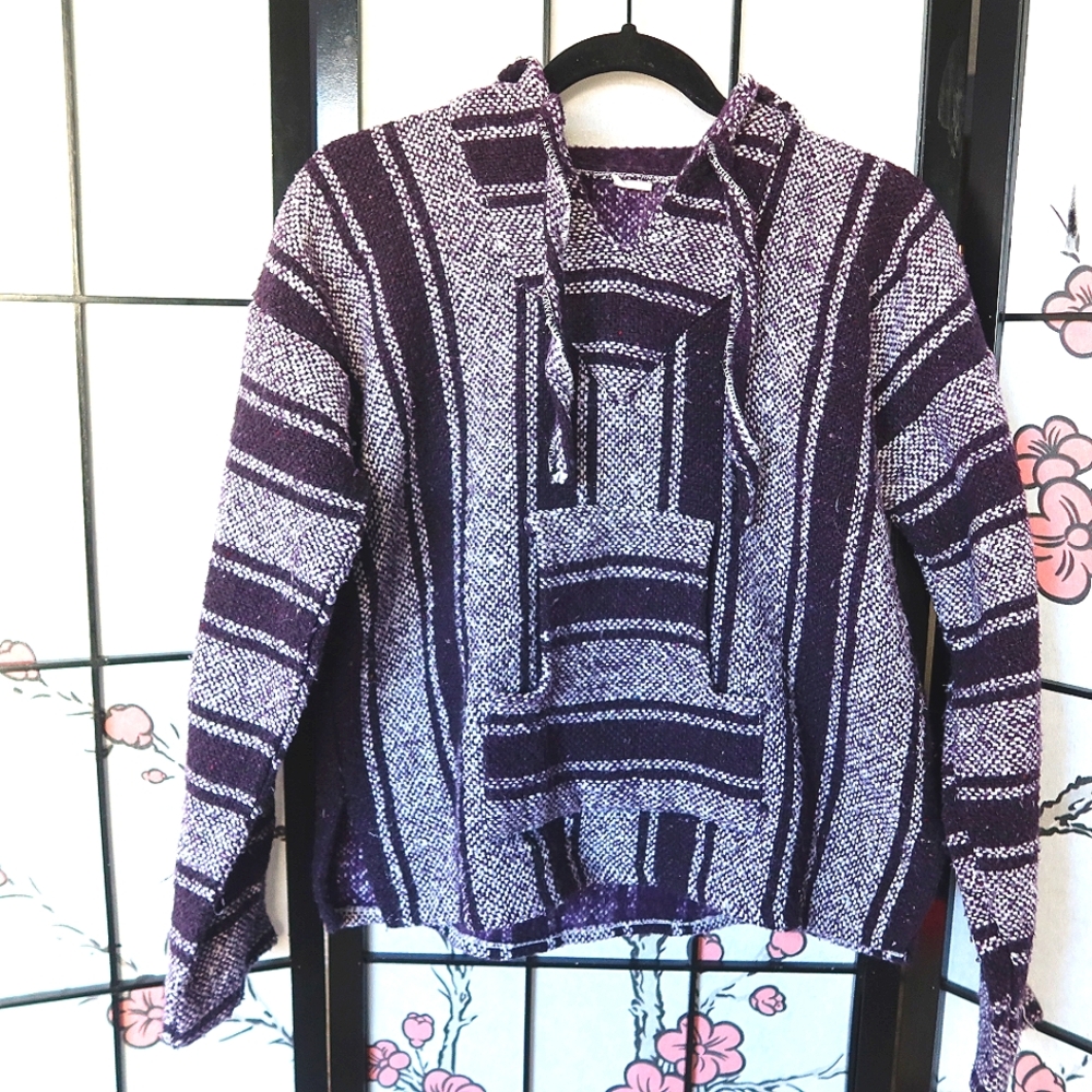 Artesanias Baja Mexican Woven Purple White Striped Sweater Hoodie Size Medium